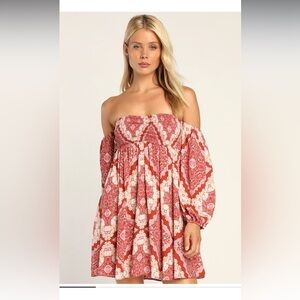 Carefree Babe Rusty Rose Boho Print Off-the-Shoulder Mini Dress